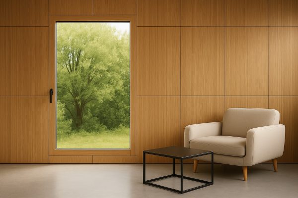 Bespoke oak tilt-and-turn window set within full-height timber wall panelling, with minimalist lounge furniture, part of a seamless exterior glazing and interiors design scheme.