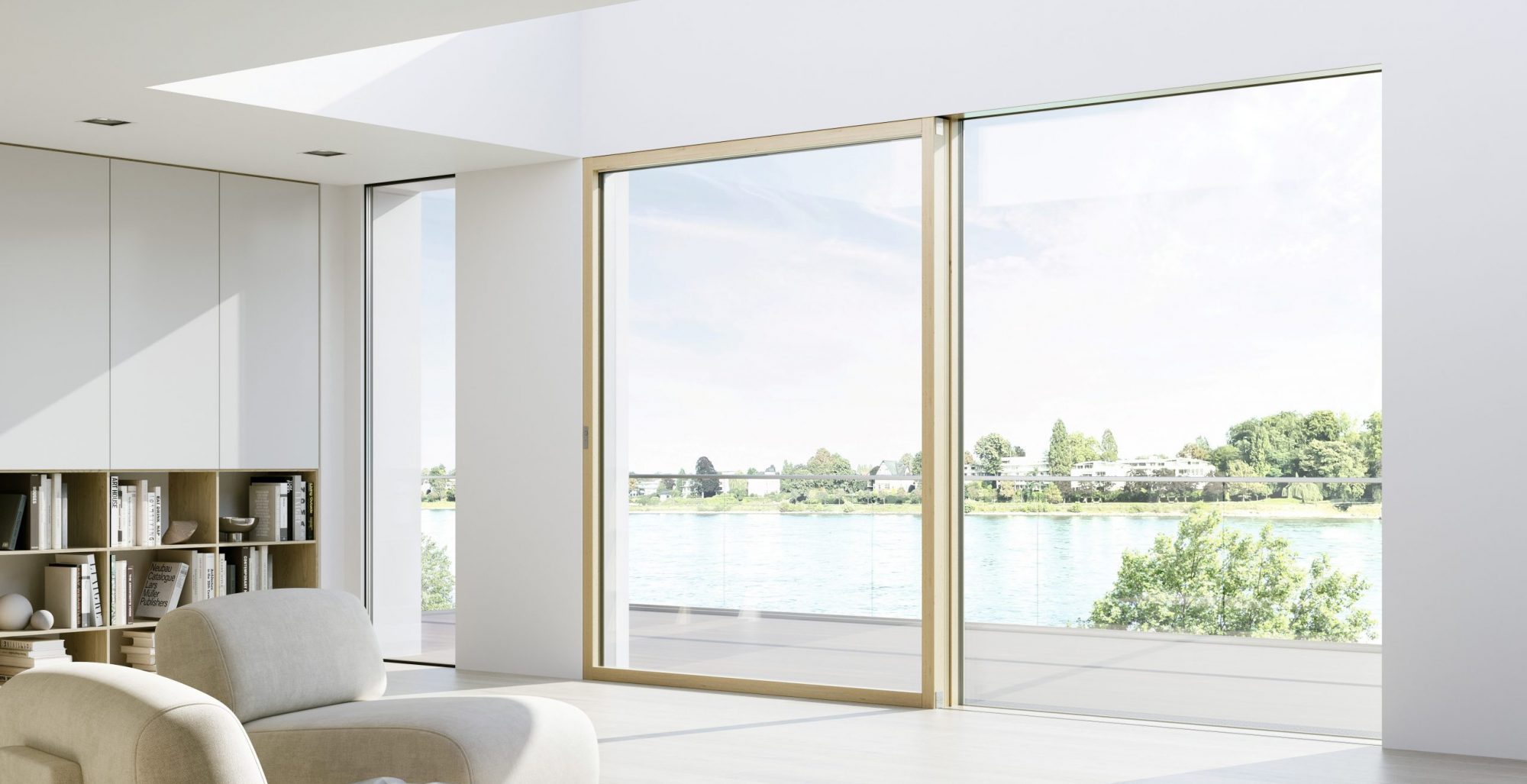 Contemporary interior featuring large lift & slide timber doors opening onto a lake view, part of a bespoke exterior glazing and interiors concept with minimalist detailing and natural light.