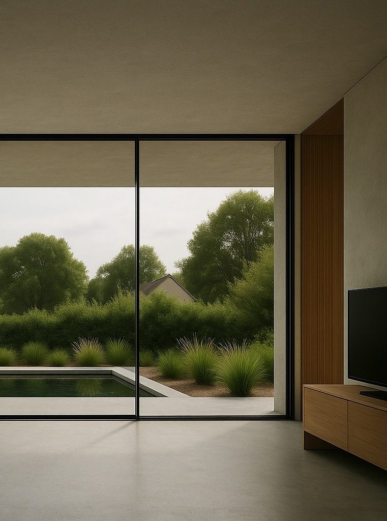 Minimalist interior with bespoke exterior glazing and interiors, featuring full-height sliding doors opening onto a landscaped garden and pool.