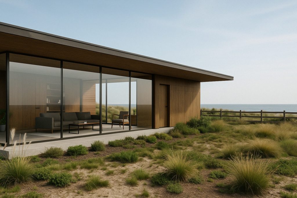 Contemporary coastal home featuring bespoke exterior glazing and interiors, with floor-to-ceiling glass and timber cladding seamlessly connecting indoor living to natural surroundings.