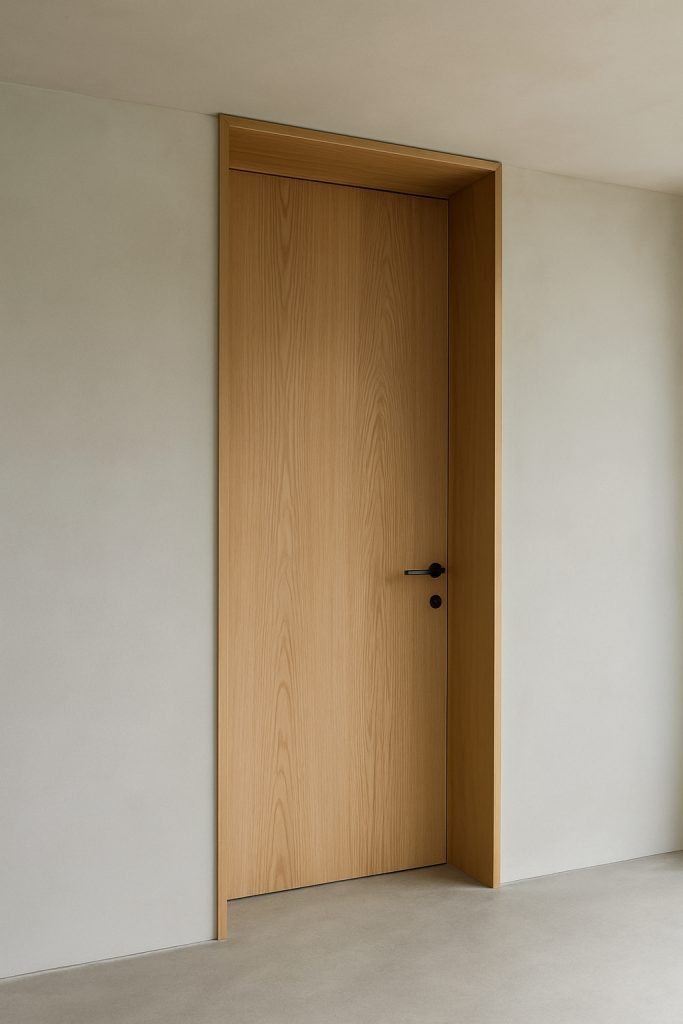 Flush oak veneered interior door as part of a bespoke exterior glazing and interiors package, seamlessly integrated into a clay-rendered wall.